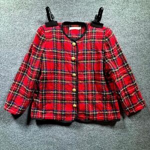 Vintage Leo Narducci Tweed Jacket Womens 18 Red Plaid Lined Gold Crest Buttons